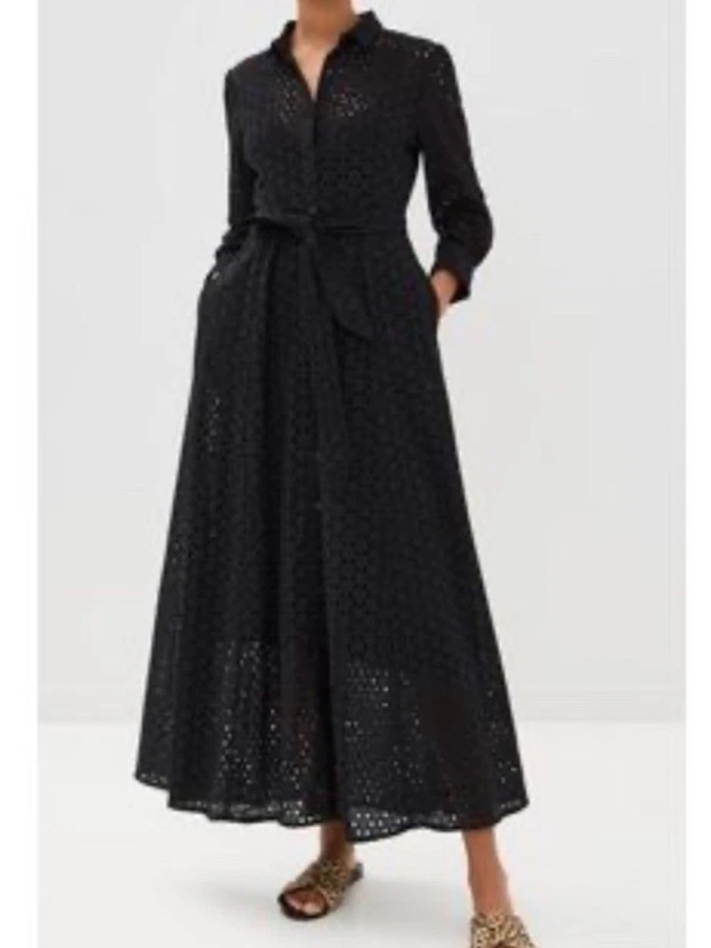 Trovata Birds of Paradise Black Eyelet Maxi Shirt Dress with Waist Tie